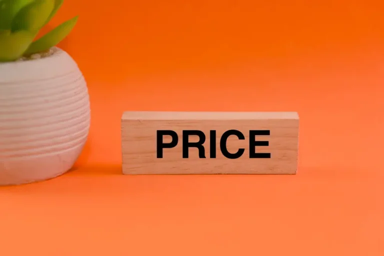 Blocco di legno naturale con la scritta "PRICE" in caratteri neri maiuscoli grassetto, posizionato su una superficie arancione vibrante. Alla sinistra del blocco si trova un vaso bianco con texture a righe orizzontali che contiene una pianta dalle foglie verdi. Lo sfondo è completamente arancione uniforme, creando un contrasto cromatico acceso che mette in risalto sia il messaggio del prezzo sia l'elemento decorativo della pianta. La composizione minimalista trasmette un concetto commerciale chiaro e diretto, perfetto per contesti di marketing o vendita.