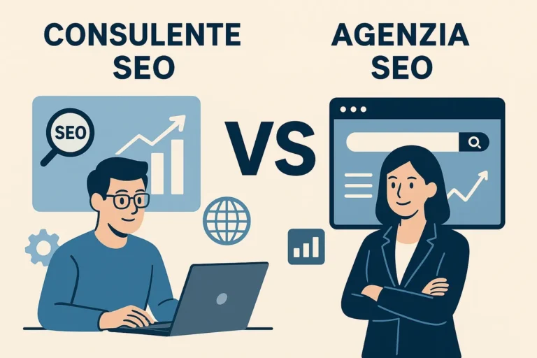 Il confronto visivo tra consulente SEO individuale e agenzia SEO illustra le due principali opzioni disponibili per le aziende che vogliono migliorare la propria presenza online. A sinistra, il consulente SEO freelance rappresenta l'approccio personalizzato e diretto, con competenze specialistiche focalizzate su analisi, ottimizzazione tecnica e crescita del traffico organico. A destra, l'agenzia SEO simboleggia un team strutturato con risorse multiple, expertise diversificate e capacità di gestire progetti complessi su larga scala. Gli elementi grafici mostrano metriche di performance, analytics avanzati e strumenti di posizionamento che entrambe le opzioni utilizzano per raggiungere risultati sui motori di ricerca. La scelta tra consulente individuale e agenzia dipende dalle dimensioni del progetto, budget disponibile, livello di specializzazione richiesto e preferenze di comunicazione. Questa decisione strategica influenza significativamente il successo delle campagne di ottimizzazione e il ROI degli investimenti in marketing digitale.