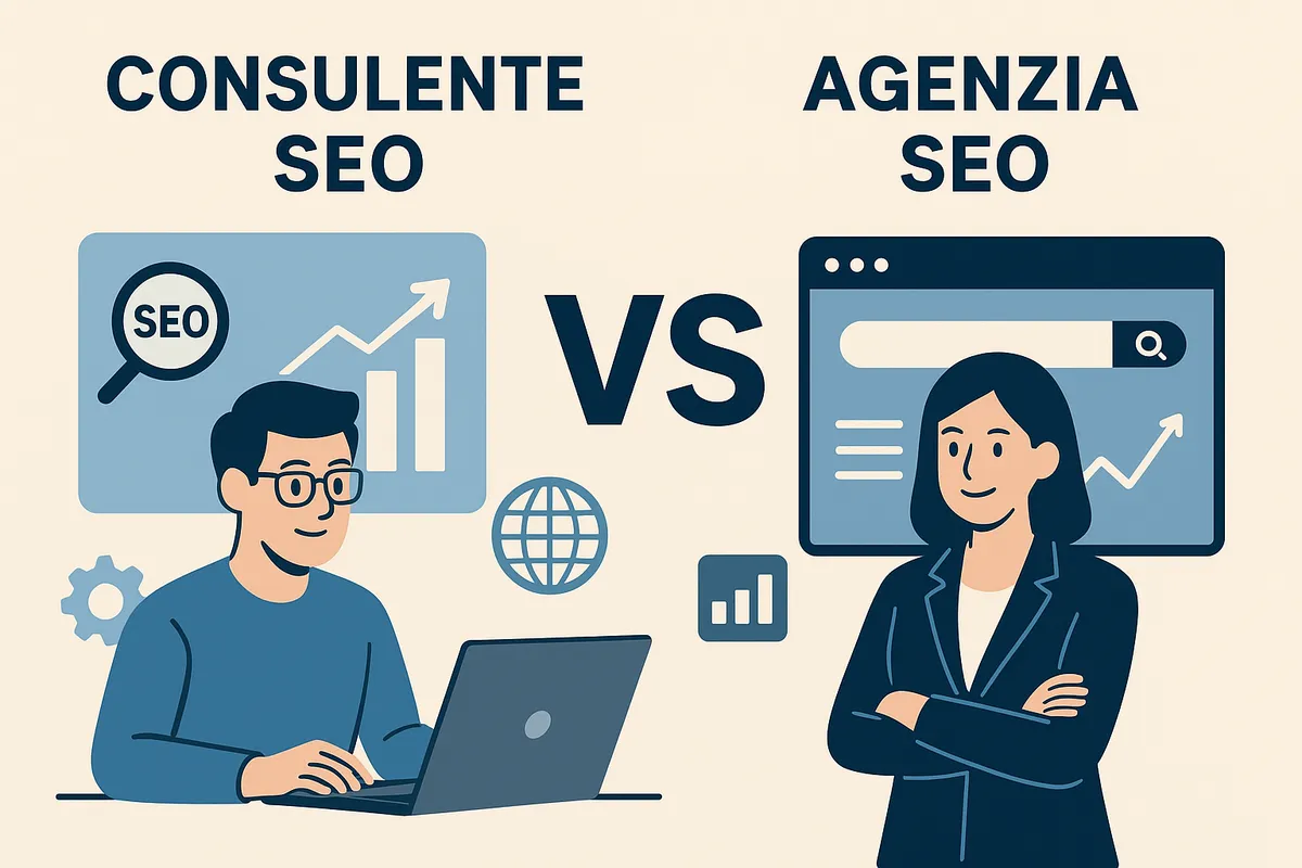 Il confronto visivo tra consulente SEO individuale e agenzia SEO illustra le due principali opzioni disponibili per le aziende che vogliono migliorare la propria presenza online. A sinistra, il consulente SEO freelance rappresenta l'approccio personalizzato e diretto, con competenze specialistiche focalizzate su analisi, ottimizzazione tecnica e crescita del traffico organico. A destra, l'agenzia SEO simboleggia un team strutturato con risorse multiple, expertise diversificate e capacità di gestire progetti complessi su larga scala. Gli elementi grafici mostrano metriche di performance, analytics avanzati e strumenti di posizionamento che entrambe le opzioni utilizzano per raggiungere risultati sui motori di ricerca. La scelta tra consulente individuale e agenzia dipende dalle dimensioni del progetto, budget disponibile, livello di specializzazione richiesto e preferenze di comunicazione. Questa decisione strategica influenza significativamente il successo delle campagne di ottimizzazione e il ROI degli investimenti in marketing digitale.